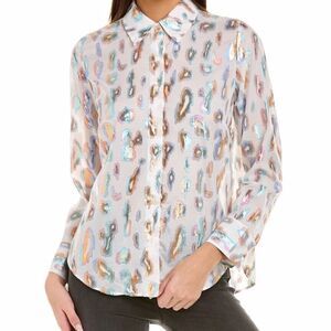 Vilagallo White Multicolor Metallic Animal Print Button Down Shirt Blouse Size 6